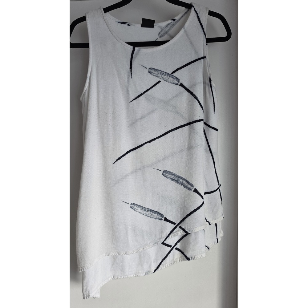JAC BY Women Tank Top White Black Abstract Sleeveless Blouse Minimalist